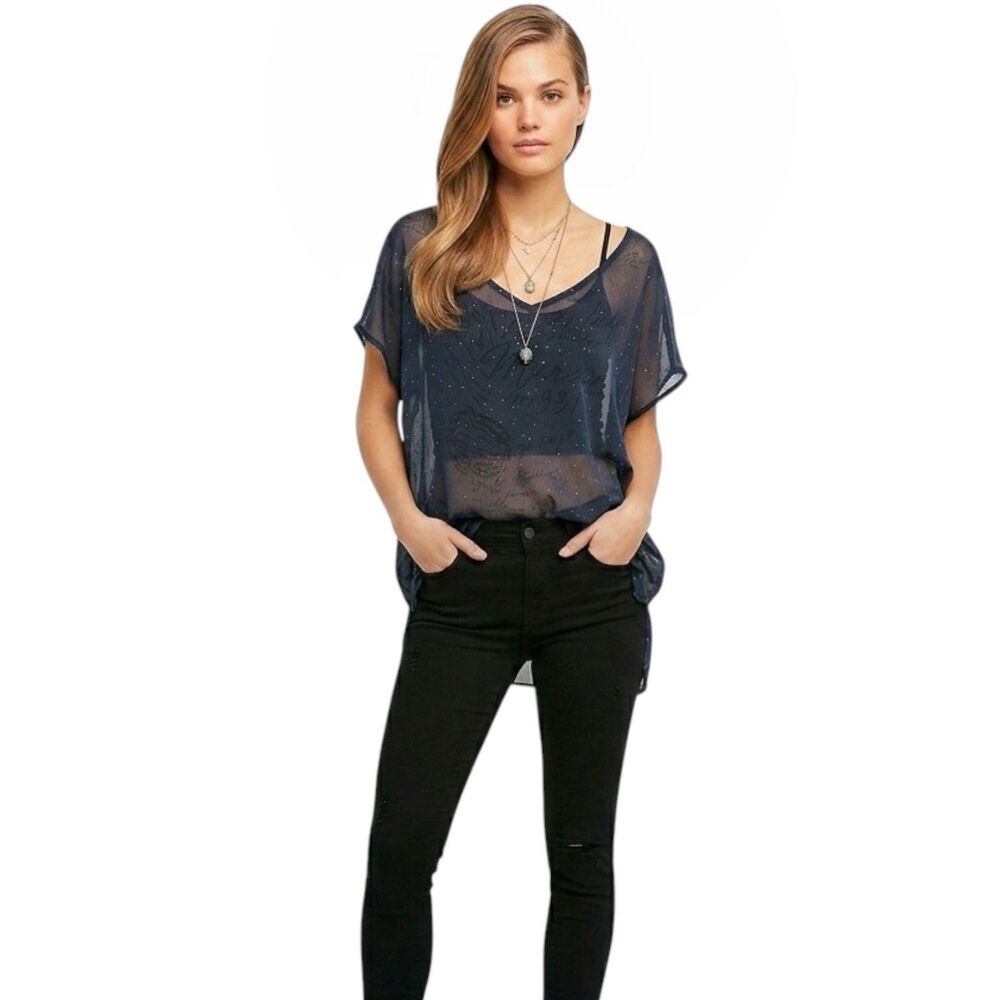 Womens Cold Shoulder Sheer Navy Blue Sparkle Tunic Blouse Shimmer Est. Sz 1X